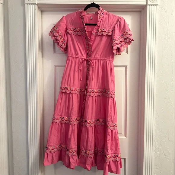 CeliaB Alvis Embroidered Scalloped Midi Dress Fuschia Pink - Tuckernuck - Picture 3 of 5